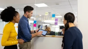coworkers reviewing a tablet